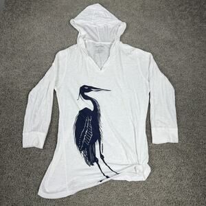 Marushka Shirt Womens Large White Heron Graphic Hooded Tunic Top 3/4 Sleeve